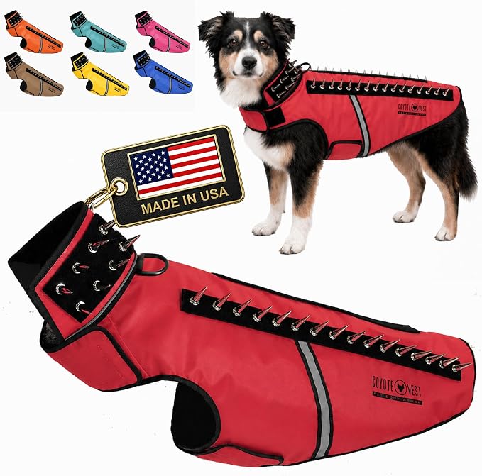 CoyoteVest SpikeVest Dog Harness, Made in the USA, L-Red | Stab-Resistant Protective Vest | Coyote Vest for Dogs | Defends Against Coyotes, Dogs, Birds of Prey | Reflective Safety