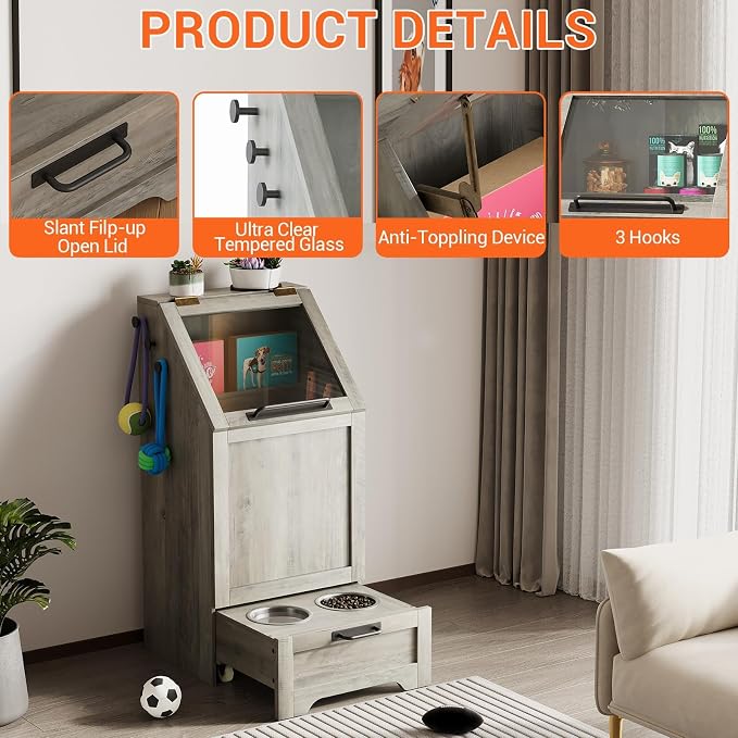 Dog Feeding Station, with Pet Feeding Station,Flip Top Dog Food Storage Cabinet, 2 Elevated Bowls, Includes 3 Hooks for Accessories – Space-Saving Design, Grey