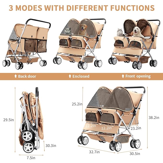Double Pet Stroller for 2 Dogs & Cats, Side-by-Side, Beige | Foldable Two-Seater with Separate Cabins, 44 lb Capacity, Dual Baskets and Safety Tethers for Walks, Travel and Vet Visits