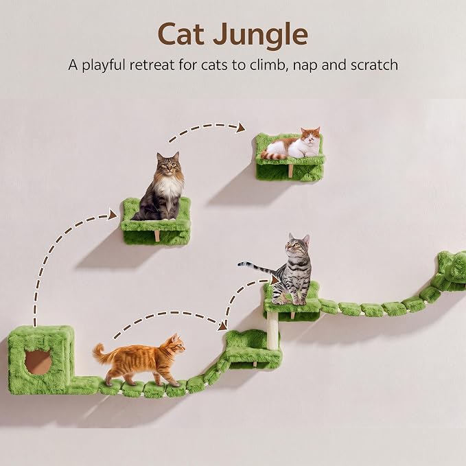 Cat Wall Furniture, 9 in 1 Cat Wall Shelves Set with Bridge, Green | Wall Mounted Cats Shelf for Space-Saving, Multi-Level Cat Climbing Systems for 16 Inch Drywall, with Scratching Posts, Condos