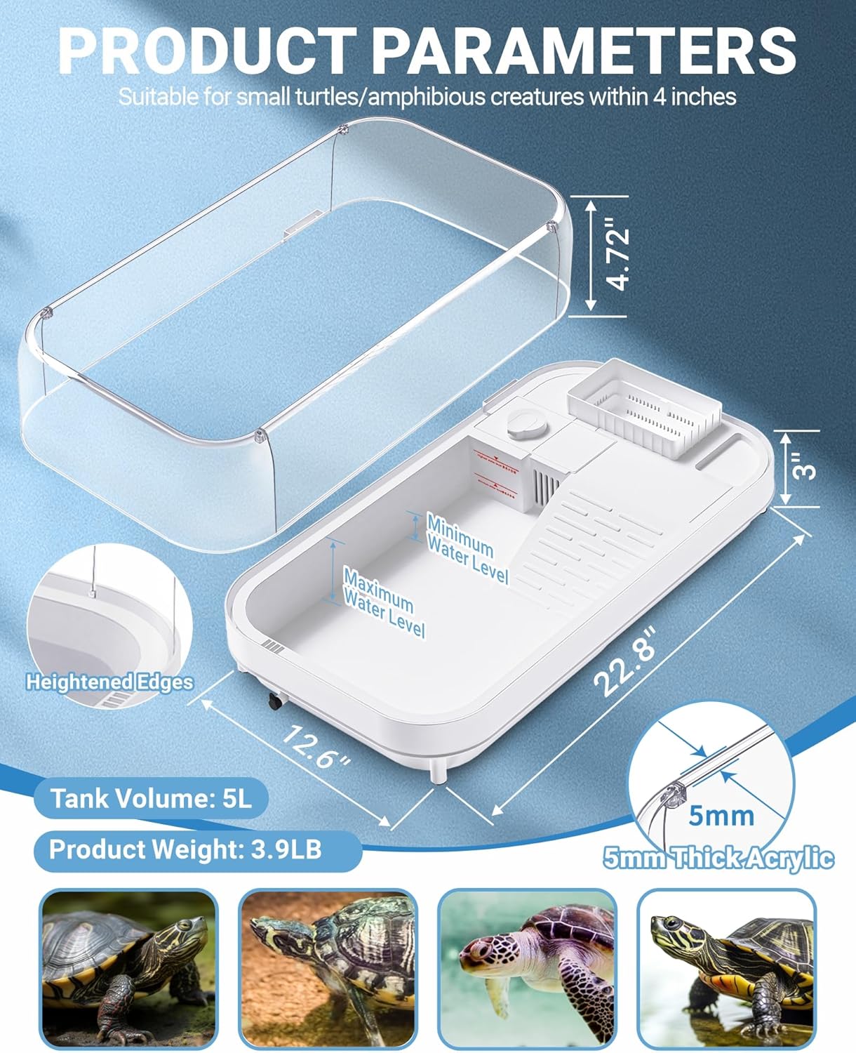 Large Turtle Tank Kit (Tank + Lamp + Filter), Acrylic Turtle Tank Starter Kit, Tank Aquarium with Heightened and Curved Fences, Bottom Drainage, Multi-Function Areas (Black Lamp)