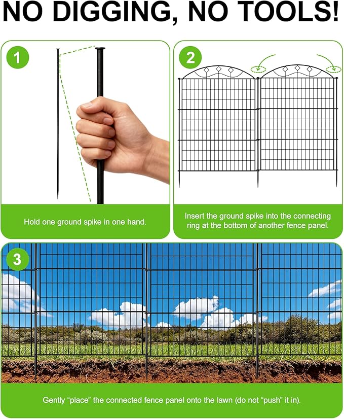 10 Panels Black Metal No Dig Garden Fence, 33in H x 24ft L Temporary Animal Barrier for Dogs & Rabbits, Reusable Outdoor Yard Fencing