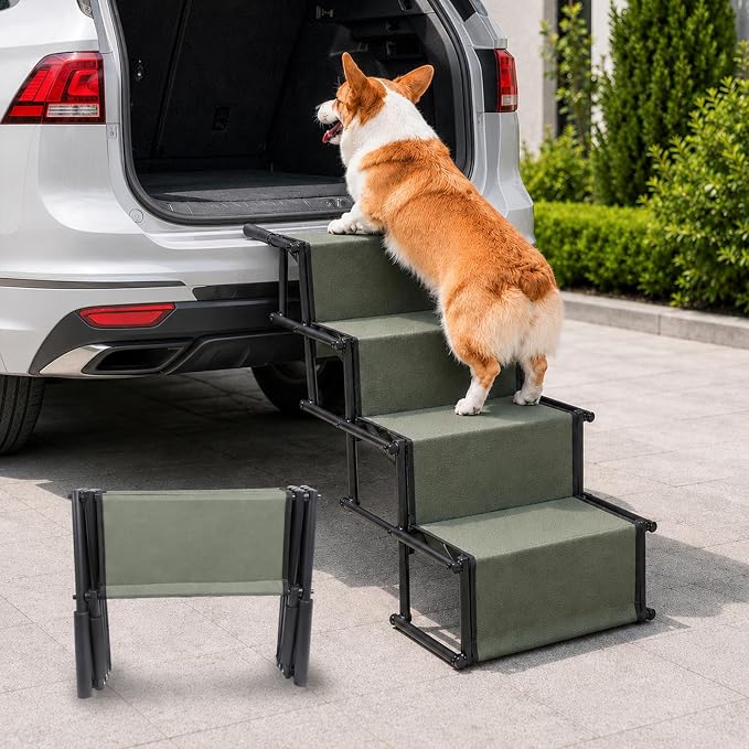Dog Stairs for Large Dogs,4-Step Foldable Dog Ramp for Car with Non-Slip Surface & Oxford Fabric,Portable & Lightweight Pet Stairs for SUV,Truck,Bed & Couch,Supports up to 132 lbs (Green)