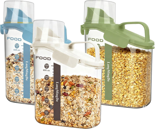 3 Pieces Cereal Containers Storage, 51fl.oz/1.5L Compact Crystal Clear Dry Food Storage Containers with Pouring Spout Measuring Cup for Rice Nuts Beans Pet Food Snacks Candies, 3PCS