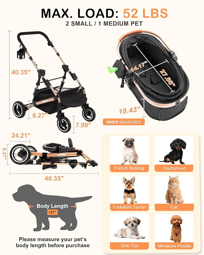 Dog Stroller for Medium Dogs Up to 52 Lbs, Cats Stroller for 2 Cats, 3 in 1 Pet Stroller with Bag Holder for Leashes, 3-Roll Poop Bags, 600D Waterproof Oxford Fiber, Adjustable Handle (Black)