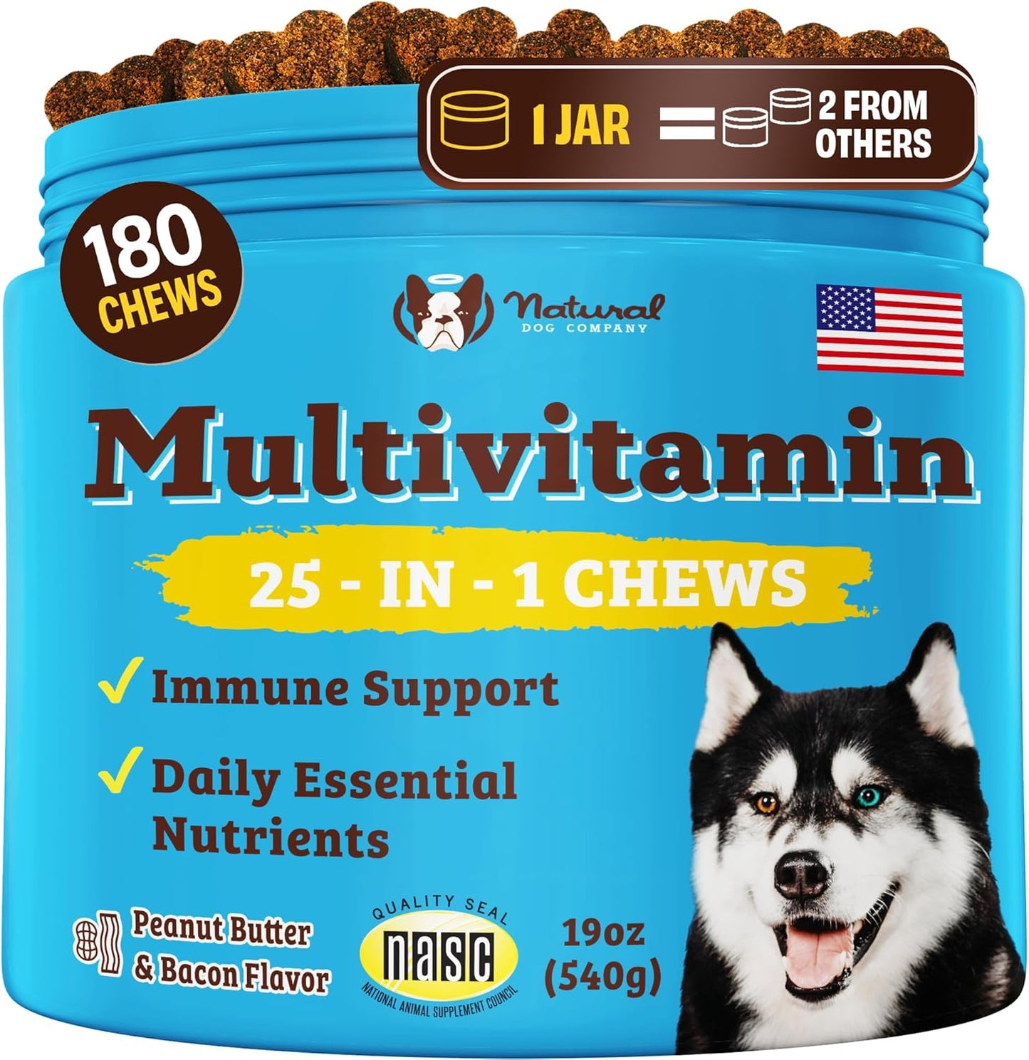 Natural Dog Company 25 in 1 Multivitamin Chews (180 Pcs) Dog Vitamins & Supplements, Peanut Butter & Bacon Flavor, Dogs, Supports Immune System, Antioxidant, Vitaminas para Perros, Multi Dog Families