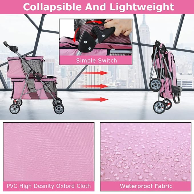 Double Layer Dog Stroller for 2 Small Dogs/Cats, 4 Wheels Pet Jogger With Removable Liner, Storage Basket, Rear Wheel Break - Folding Double Decker Portable Crate