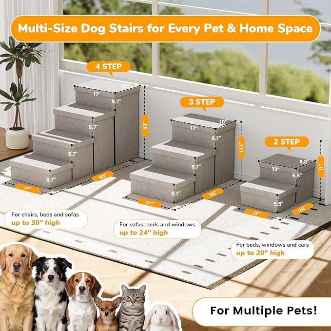 2-Step Wide Dog Stairs with Storage 11" H, Non-Slip Sturdy Pet Steps for Couch Chair, Dog Steps for Small/Medium Old Dogs, Cats, Rabbits Up to 150lbs, Foldable Cat Puppy Stairs for Car, Grey