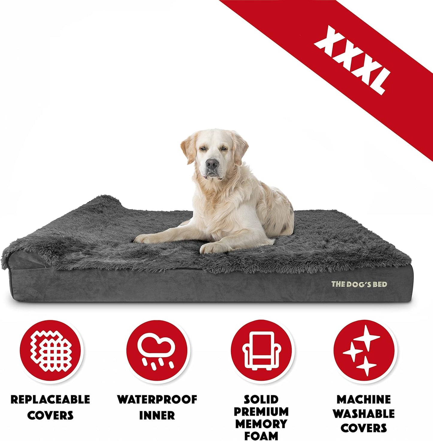 The Dog’s Bed Orthopedic Headrest Dog Bed XXXL Fur Grey 64x44, Memory Foam, Pain Relief for Arthritis, Hip & Elbow Dysplasia, Post Surgery, Lameness, Supportive, Waterproof Washable Cover