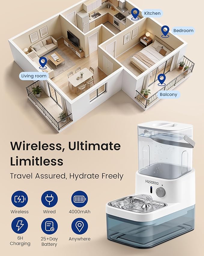 Cat Water Fountain with Radar Sensing, Stainless Steel Pet Water Fountain with 3L Clean Water Tank & 2.7 L Wastewater Tank, Wireless Cat Fountains for Drinking, No Filters, 30db Low Noise