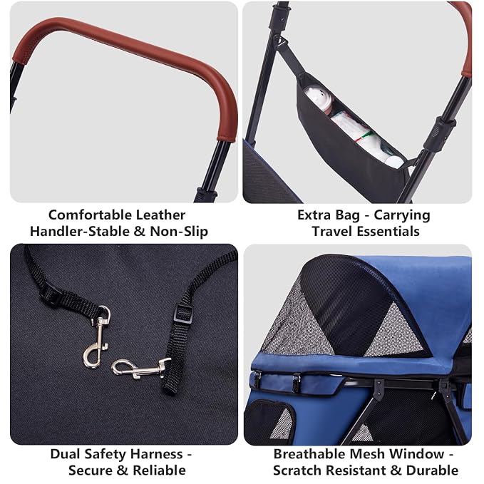 Dog Stroller for Large & Medium Dogs, Foldable Pet Stroller for 2 Small Dogs Up to 66lbs, with All-Terrain Wheels, Breathable Mesh Ventilation & Storage Pocket (Blue)