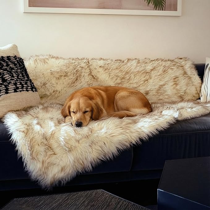 Waterproof Dog Blanket for Small, Medium & Large Dogs – Faux Fur Pet Throw for Couch, Sofa, Bed & Car – Soft, Washable, Stain-Resistant, Durable Cover – White w/Brown Tips – 60" x 50"