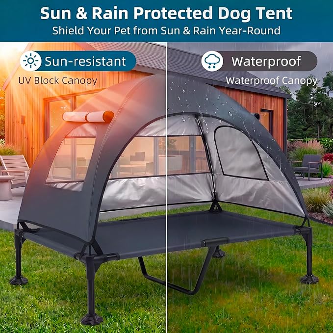 Elevated Dog Bed, Large Raised Dog Cot with Removable Shade Canopy for Large Dogs, Outdoor Portable Pet Tent with Breathable Mesh for Camping, Beach, Patio (Dark Gray, 50" L x 32" W x 42.5" Th)