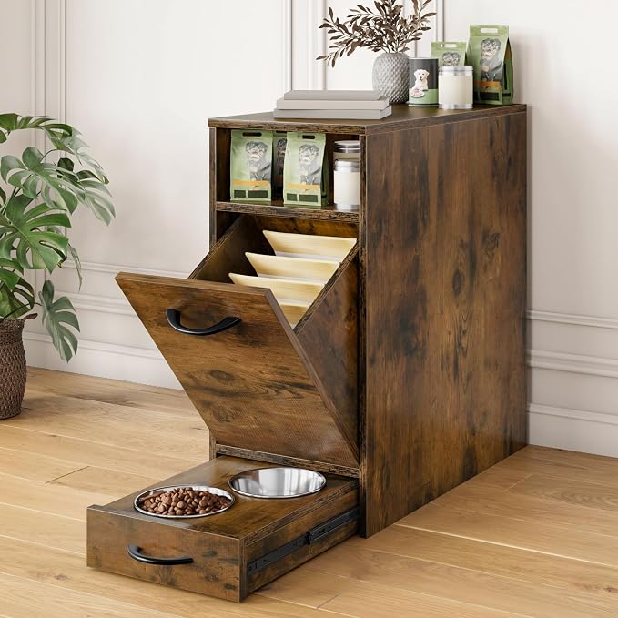 DWVO Dog Feeding Station with Storage & 2 Feeder Bowls | Dog Food Cabinet, Pull Out Elevated Dogs Bowl, Rustic Brown