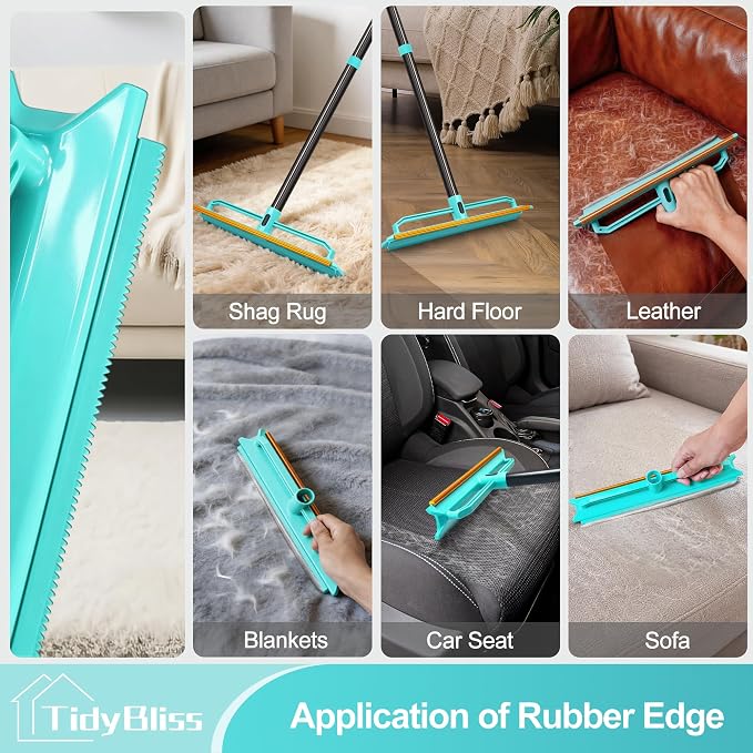 TidyBliss Carpet Rake for Pet Hair Removal Tool, 56.7” Long Handle Silicone Rug Scraper Broom, Double-Sided Dog Cat Fur Comb Brush for Mats, Couch, Furniture, Car Interiors (Blue)