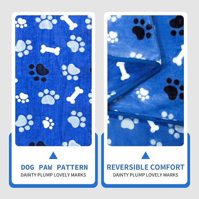 Dog Blanket Paw Bone Pattern 1 Pack 2 Super Soft Warm Flannel Sofa Cover Car Bed Protector, Urine Proof Washable Outdoor Pet Blanket for Puppy Large Dogs & Cats,60"*50" Blue