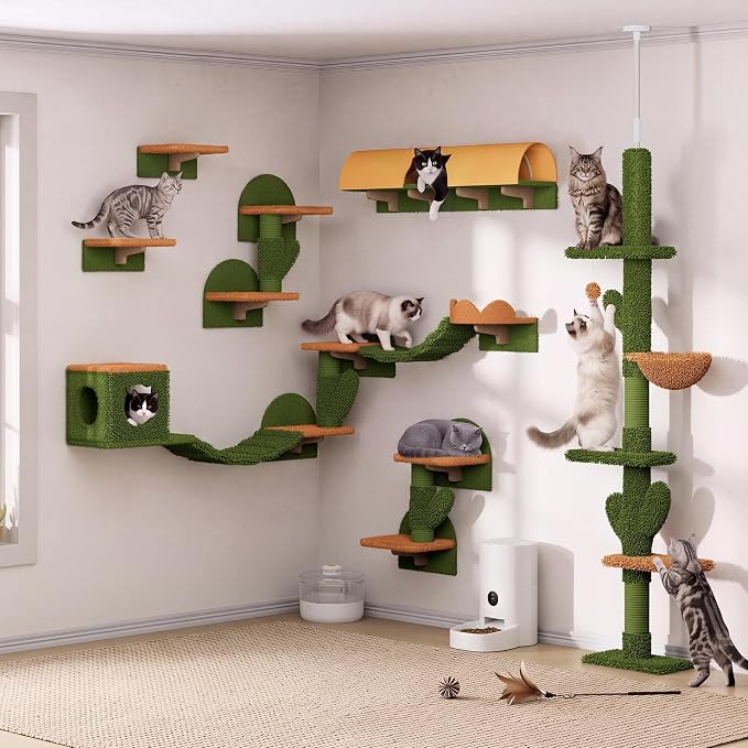 Cactus Floor to Ceiling Cat Tower, 17-in-1 Cat Wall Shelves, Green | Cat Tree with Adjustable Height(87-104 IN), Cat Climbing Wall Furniture Set for 16 Inch Drywall, with Scratching Post, Tunnel