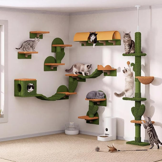 Cactus Cat Climbing Furniture Set with Floor to Ceiling Cat Tree | 5 Tier Cat Tower Adjustable Height (87-104in) and Wall Mounted Cat Shelves, with Cat Scratching Posts, Tunnel, Condo, Green