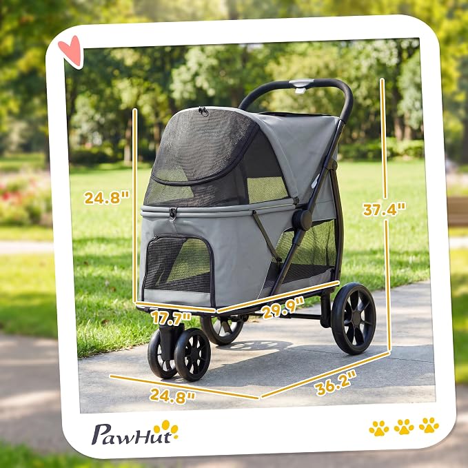 PawHut 3 Wheel Pet Stroller, Dog Stroller Dual Entry, Easy One-Click Quick Fold, All-Terrain Wagon Cart with Air Mesh, Washable Cushion, for Small and Medium Dogs and Cats Up to 44 lbs, Gray