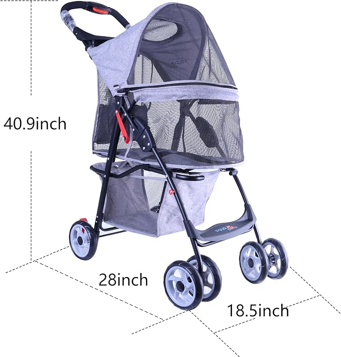 Full-Window pet Stroller 4 Wheels for Cats & Dogs, with Storage Basket,Cup Holder, Travel Puppy/Cats Stroller.Gray