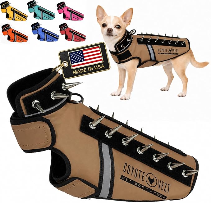 CoyoteVest SpikeVest Dog Harness, Made in the USA, XXS-Texas Tan | Stab-Resistant Protective Vest | Coyote Vest for Dogs | Defends Against Coyotes, Dogs, Birds of Prey | Reflective Safety