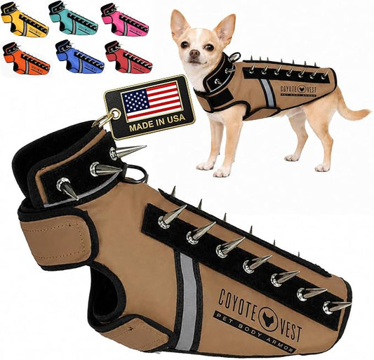 CoyoteVest SpikeVest Dog Harness, Made in the USA, XXS-Texas Tan | Stab-Resistant Protective Vest | Coyote Vest for Dogs | Defends Against Coyotes, Dogs, Birds of Prey | Reflective Safety