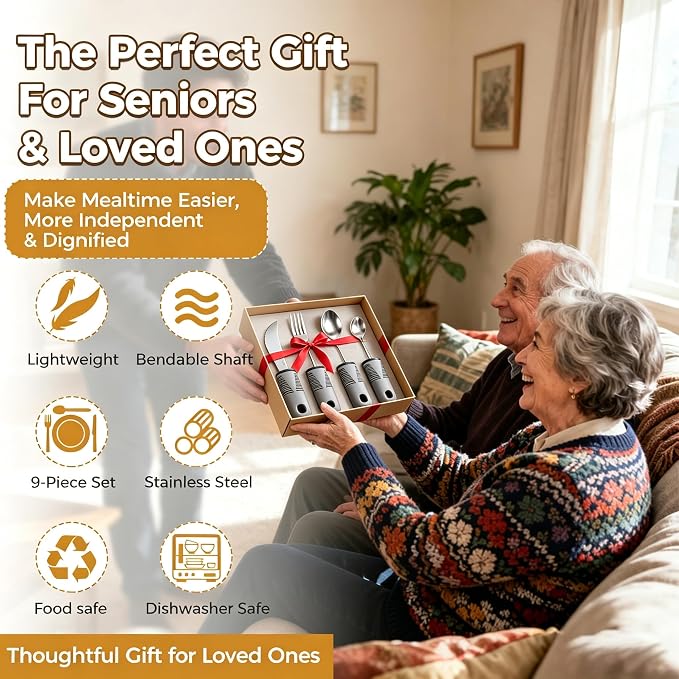 9 Pcs Bendable Adaptive Utensils Set for Parkinson's Arthritis Elderly | Built Up Handle, Stabilizing Tremor, Non-Slip Lightweight Grip, for Weak Grip & Stroke, Independent Dining, BPA-Free