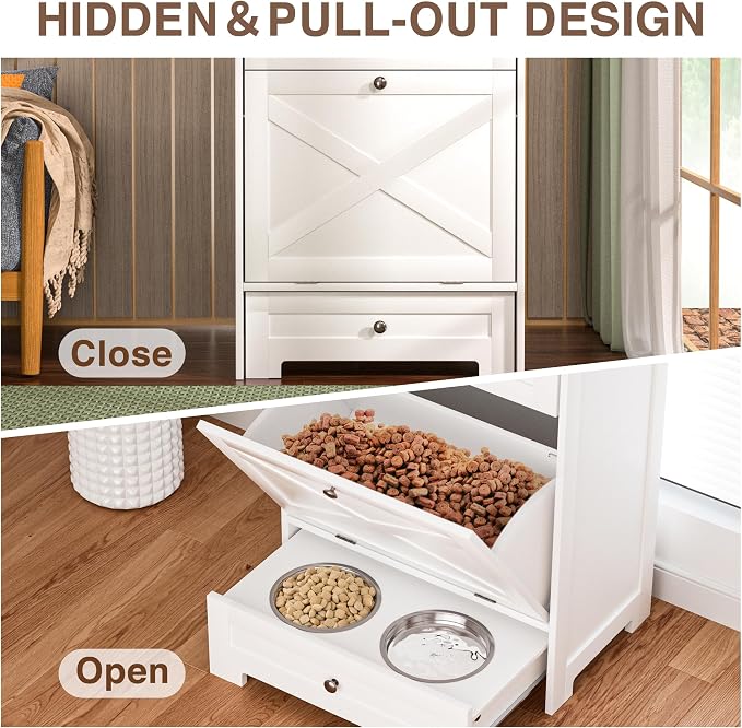 Dog Feeding Station with 2 Elevated Bowls,Hidden Pet Feeder Station with Tilt Out Dog Food Storage Cabinet,Dog & Cat Storage Organizer with Drawer,White