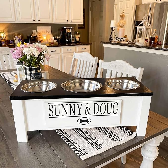 3 Bowl Dog Feeding Station, Personalized Triple Bowl Food Stand Medium Dogs | Farmhouse Style, Elevated Wood Stand, Storage Container, Stainless Steel Bowls, Raised Anti-Slip Feeder, Made in USA