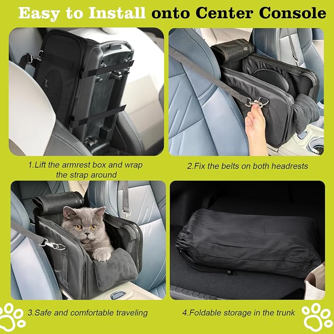 Mity rain 3 in 1 Cat Car Seat for Center Console with Cushion for Travel | Portable Carrier for Shoulder Handle Car, Foldable Pet Armrest Booster Seat for Small Dogs & Cats (Up to 15lbs)