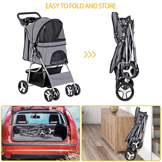 Pet Stroller for Medium Small Dogs - Easy to Walk Folding Travel Carrier Strolling Cart with Cup Holder, Weather Cover and Storage Basket (Gray)