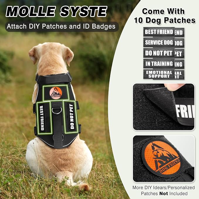 Tactical Dog Harness and Leash Set with Metal Buckles+10 Patches | Heavy Duty Service Dog Vest ,Adjustable Harness for Large Sized Dogs,No Pull Front Back Clips,for Training Hiking,Black XL