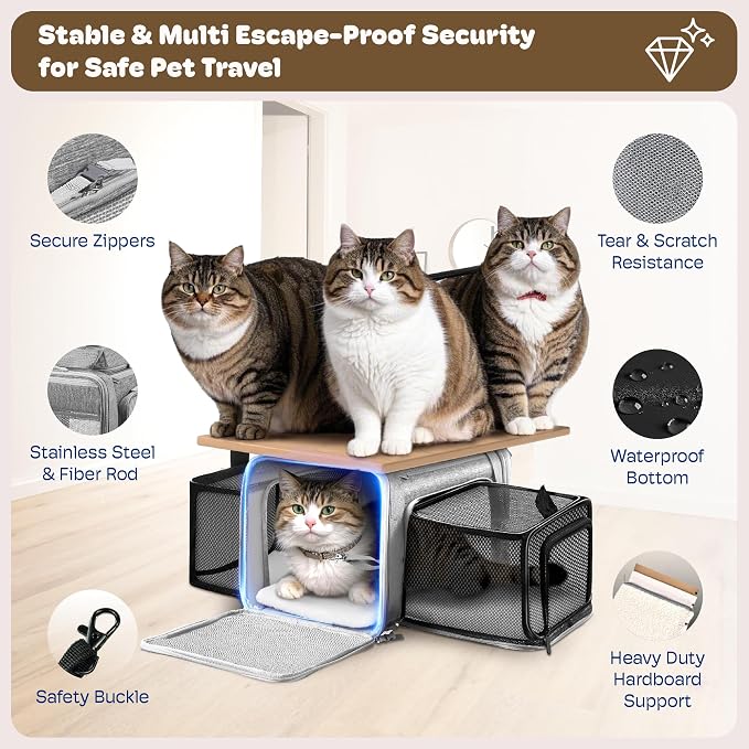 Top and 2 Sides Expandable Cat Carrier 17x11x11, TSA Airline Approved Dog Carriers for Medium Dogs, Soft-Sided Pet Carrier with Self-Locking Zippers for Kitten,Rabbit, Puppy, Guinea Pig Grey