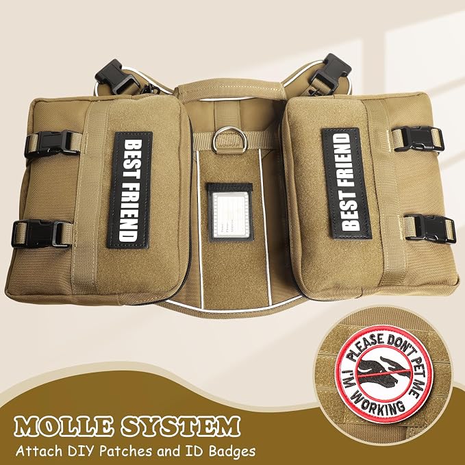 Dog Backpack Harness and Leash Set for Large Dogs Brown XL | Removable Side Pockets Dog Vest with Padded Handle&MOLLE,No Pull Front&Back Metal Clips for Hiking Training Walking Hunting