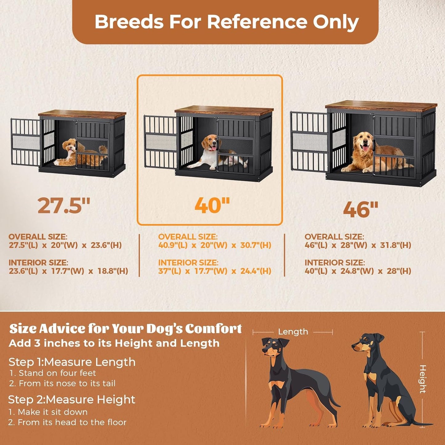 VOPEAK 40" Dog Crate Furniture, Chew Resistant Dog Crate for Dogs, Heavy Duty Dog Crates Dog Kennel Cage Indoor with Double Doors, End Table for Bedroom Living Room, Black