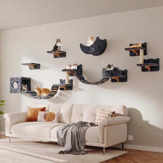 Cat Wall Furniture, 13 in 1 Moon & Bridge Cat Wall Shelves, Grey | Wall Mounted Cats Shelf Set with Plush Fabric, Cat Climbing Systems for 16 Inch Drywall, Condo, Scratching Post, Space-Saving
