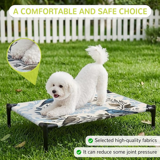 Outdoor Elevated Dog Bed for Medium Dogs, Blue Floral Breathable Cooling Raised Dog Cot for Indoor/Outdoor, Rustic Birds Flowers Vintage Branch Garland Waterproof Elevated Pet Beds, M 24 x 20 in