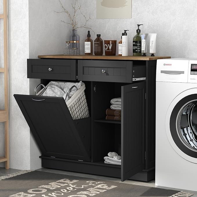 POWERSTONE Hidden Tilt Out Trash Cabinet Kitchen Island with 2 Drawers & Adjustable Shelf, Rubber Wood Countertop, Freestanding Laundry Hamper Recycle Bins, Pet Proof Garbage Can Holder Black