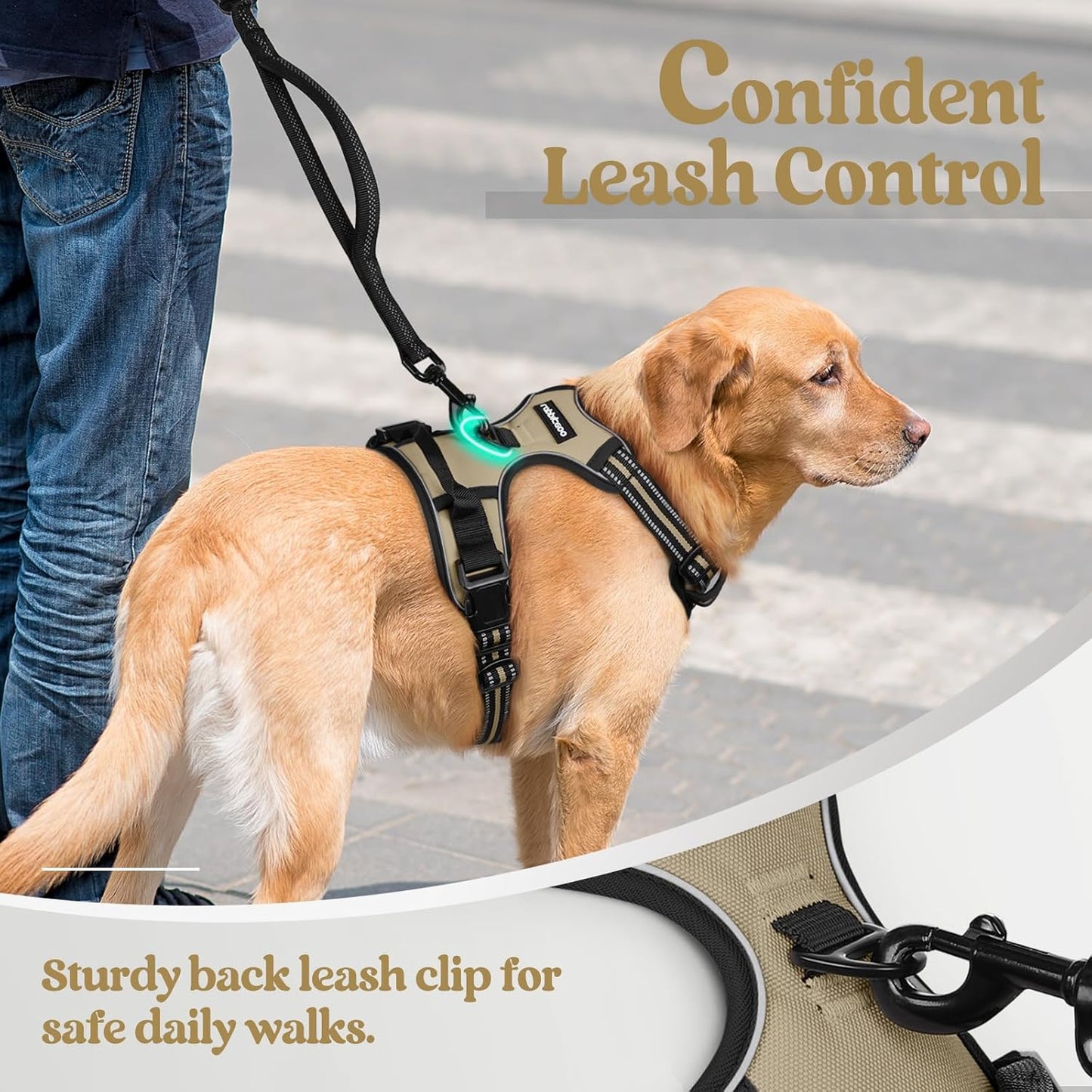 rabbitgoo Dog Harness No Pull with 2 Leash Clips, Adjustable Soft Padded, Reflective Oxford No Choke Pet Vest with Easy Control Handle for Large Dogs, Beige, XL