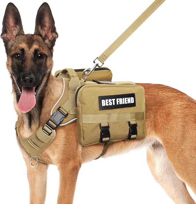Dog Backpack Harness and Leash Set for Large Dogs Brown L | Removable Side Pockets Dog Vest with Padded Handle&MOLLE,No Pull Front&Back Metal Clips for Hiking Training Walking Hunting