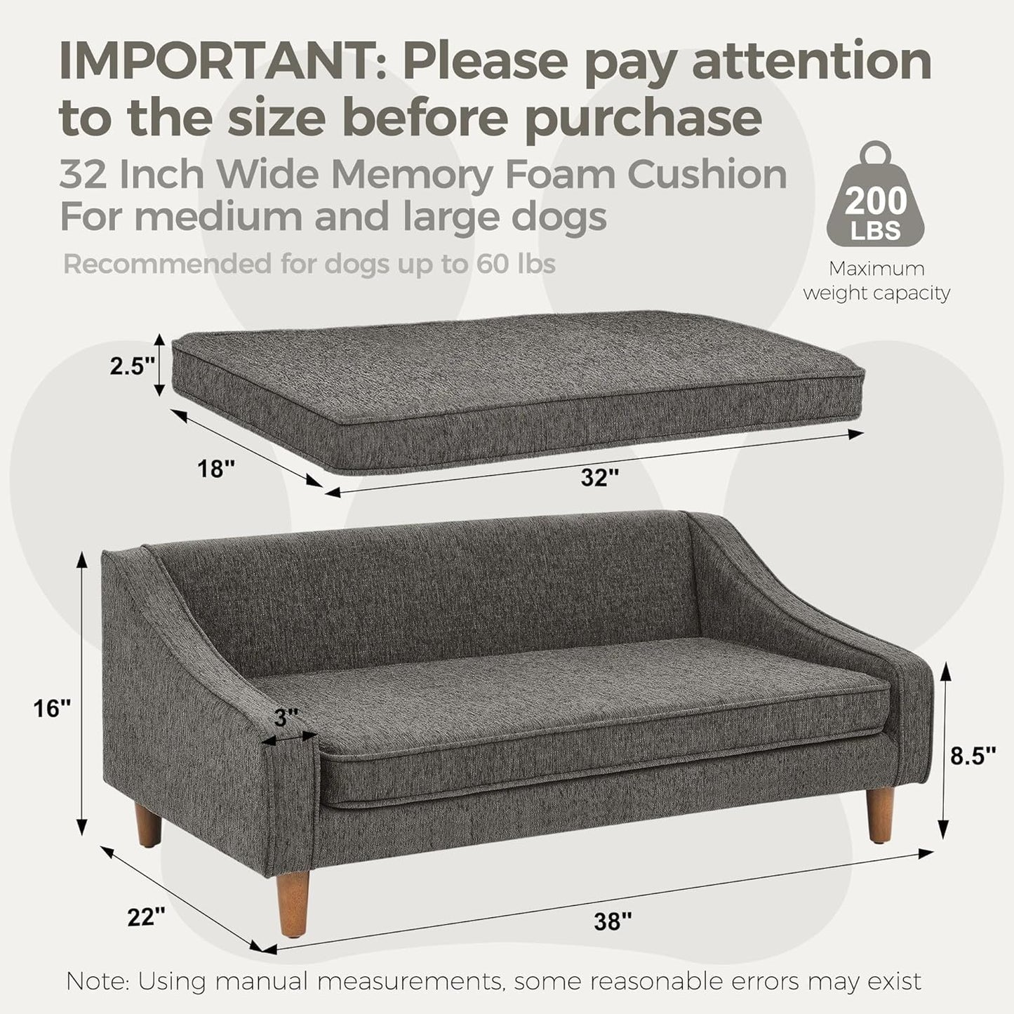 Dog Sofa Couch for Medium to Large Dogs, Durable Pet Sofa with Washable Fabric, Elevated Mini Dog Bed with Wooden Legs for Medium and Large Dogs, Dark Grey