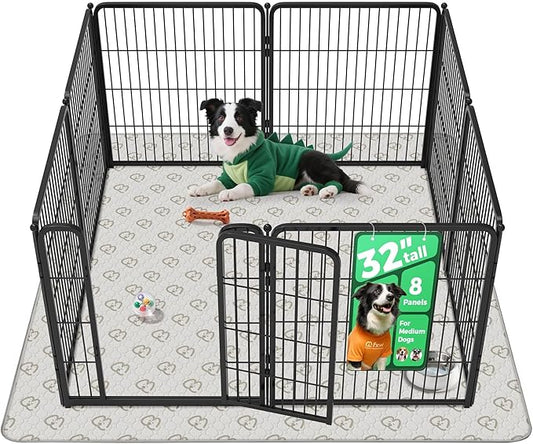 FXW Homeplus Indoor Dog Playpen with Washable Pee Pad, 32" H, 8 Panels | Calm Indoor Play Area, Super Absorbent Pad for Easy Cleanup, for Small & Medium Dogs, Patented