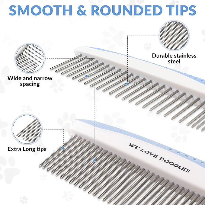 We Love Doodles Dog Grooming Comb Set & Large Dog Slicker Brush Bundle - Grooming Comb & Long Pin Brush for Dogs Kit - Removes Tangles & For Dematting - Brush for Shedding - Made in USA