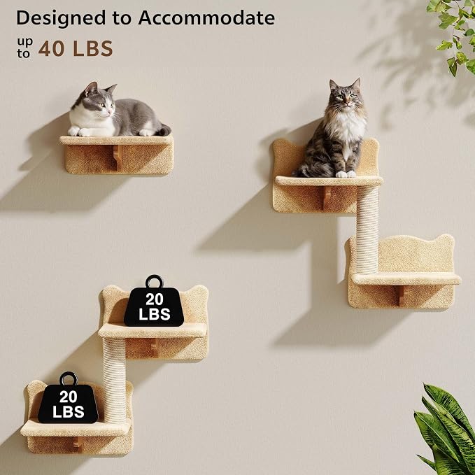 26-in-1 Cat Wall Shelves with Cat Tree, 40''L Tunnel, Moon, Beige | Wall Mounted Cats Furniture Set with Plush Fabric, Cat Climbing Systems for 16 Inch Drywall, with Scratching Posts, Bridge