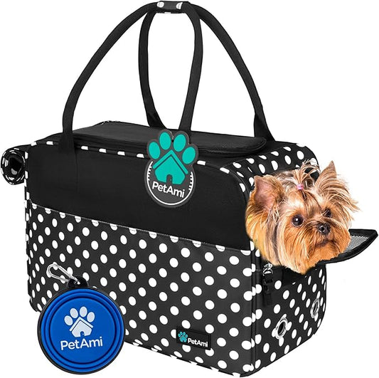 PetAmi Dog Purse Carrier for Small Dogs Cats, TSA Airline Approved Soft-Sided Pet Carrier with Pockets, Ventilated Travel Tote Bag with Bed & Shoulder Strap, Puppy Kitten, Max 12 lbs, Polka Dot Black