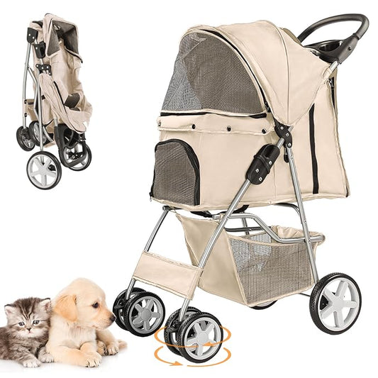 Pet Stroller for Small Dogs and CatsQuick-Folding Portable Travel Cat Dog Stroller with Storage Basket and Cup Holder, 4 Wheels, Gray