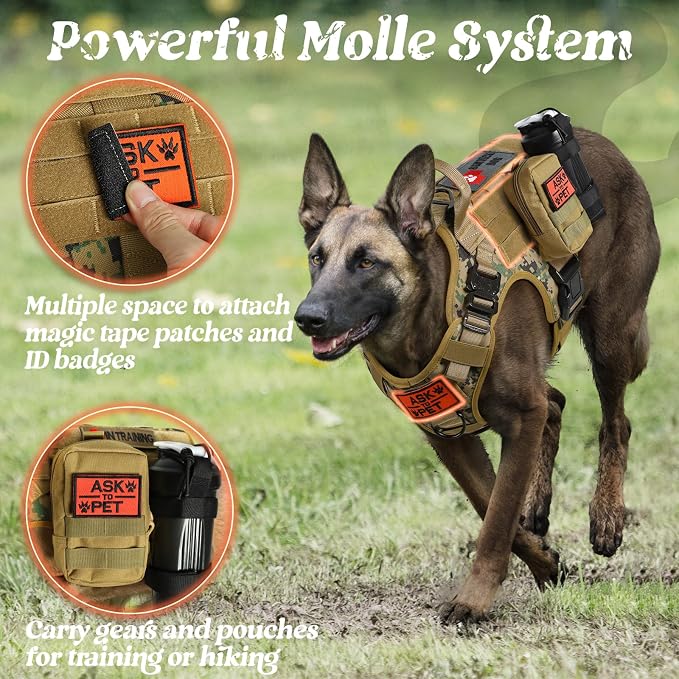 rabbitgoo Tactical Dog Harness X-Large, Heavy Duty Military No Pull Vest | Sturdy Metal Buckles, 5 Adjustments, Molle System, Powerful Pullers for Training, Hunting, Outdoor, Brown Camo, X-Large