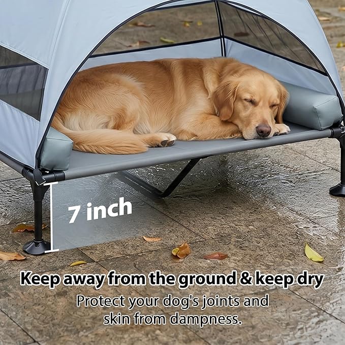 iweepet 4 in 1Elevated Dog Cot with Removable Canopy & Bolster Pillows for Extra Large Dog,Cooling Raised Outdoor Dog Bed with Breathable Teslin Mesh,Carry Bag for Camping,Patio, Backyard, 52''