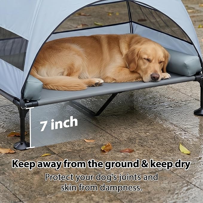 iweepet 4 in 1Elevated Dog Bed with Removable Canopy & Bolster Pillows for Medium & Large Dog, Cooling Raised Outdoor Dog Bed with Breathable Teslin Mesh,Carry Bag for Camping, Patio, Backyard, 42''