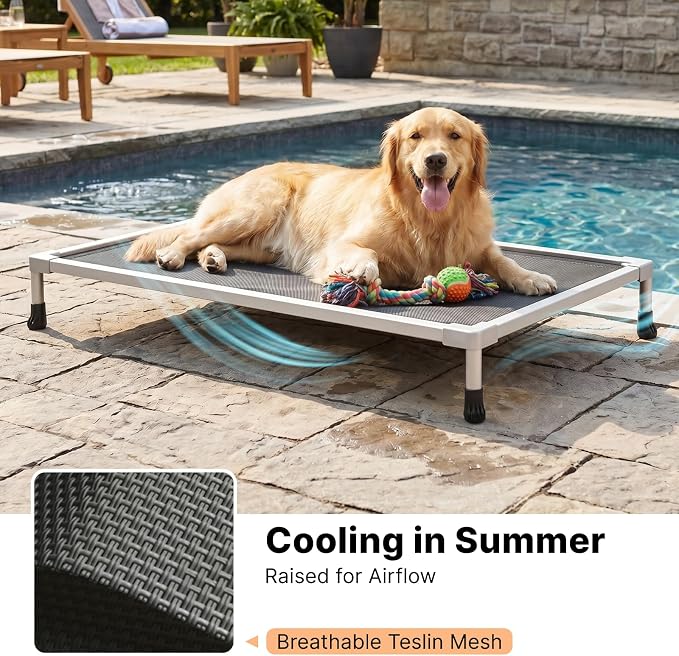 Veehoo Chew Proof Elevated Dog Bed, Silver Aluminum Dog Cot, Pre-Assembled | Cooling Raised Dog Bed for Large Dogs, Indestructible Dog Bed for Crate, Breathbale, Non-Slip Feet, Indoor Outdoor